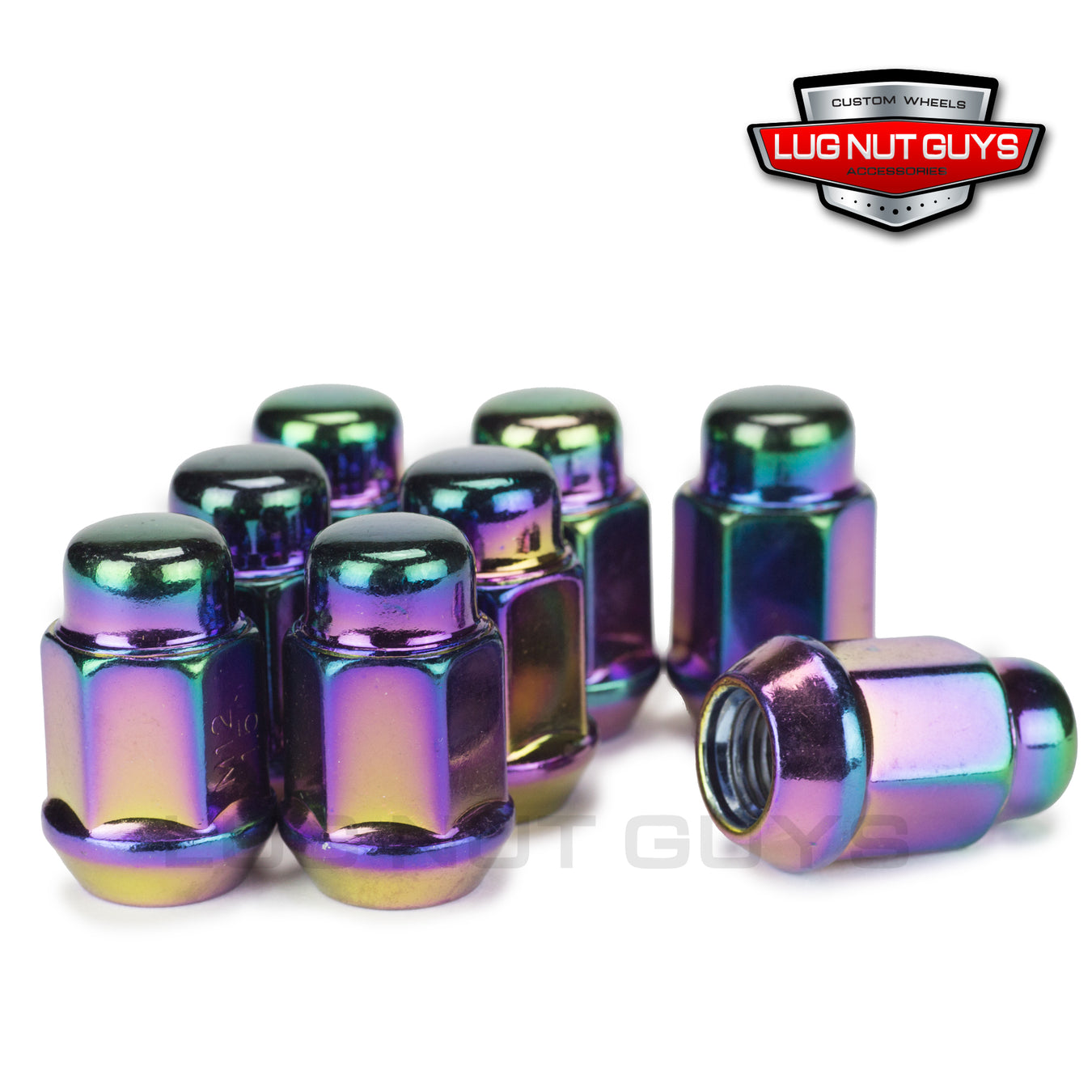 Shop for Neochrome Lug Nuts at lugnutguys.com 1/2-20 and 12x1.5 thread sizes. Spline and Bulge Acorn, cone seat style for aftermarket wheels.