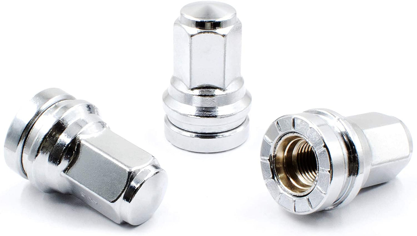 Three chromed solid steel lug nuts for Ford Superduty trucks, shown from different angles on a white background. Replaces HCPZ-1012-B