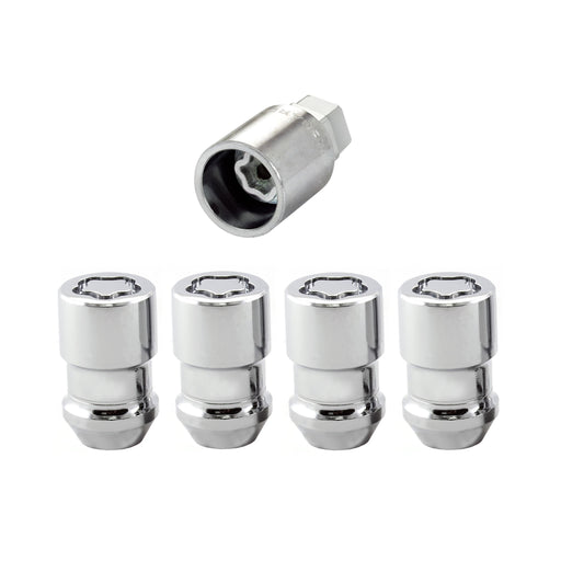 McGard 24130 No Rust Locking Lug Nuts set featuring four chrome locking lug nuts and matching security key, close-up view highlighting the rust-resistant finish and precision anti-theft locking design for aftermarket wheels.