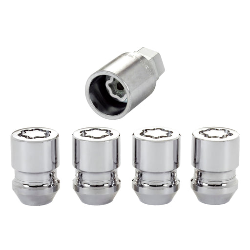 McGard 24154 No Rust Locking Lug Nuts set featuring four chrome locking lug nuts and matching security key, close-up view highlighting the rust-resistant finish and precision anti-theft locking design for aftermarket wheels.