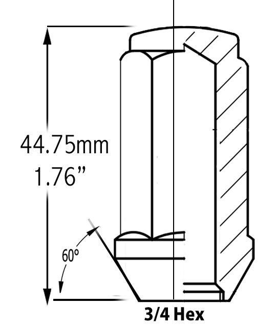 Bulge Acorn Lug Nut 14x2 Black 3/4" Hex Flat Top 1.75" Tall