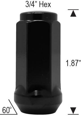 Bulge Acorn Lug Nut 1/2-20 Black 3/4" Hex Flat Top 1.9" Tall