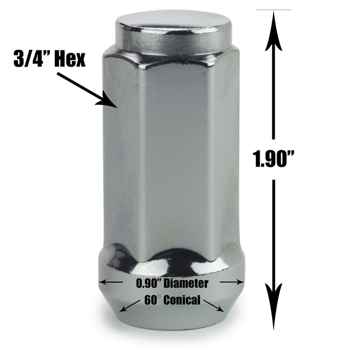 Bulge Acorn Lug Nut 12x1.75 Chrome 3/4" Hex Flat Top 1.9" Tall