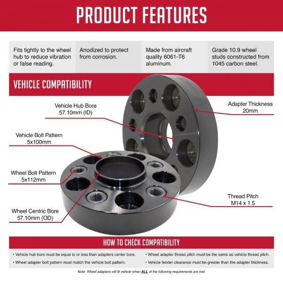 Wheel Adapters - Converts 5x100 to 5x112 - 25mm Hub Centric Bolt On with Black Bolts