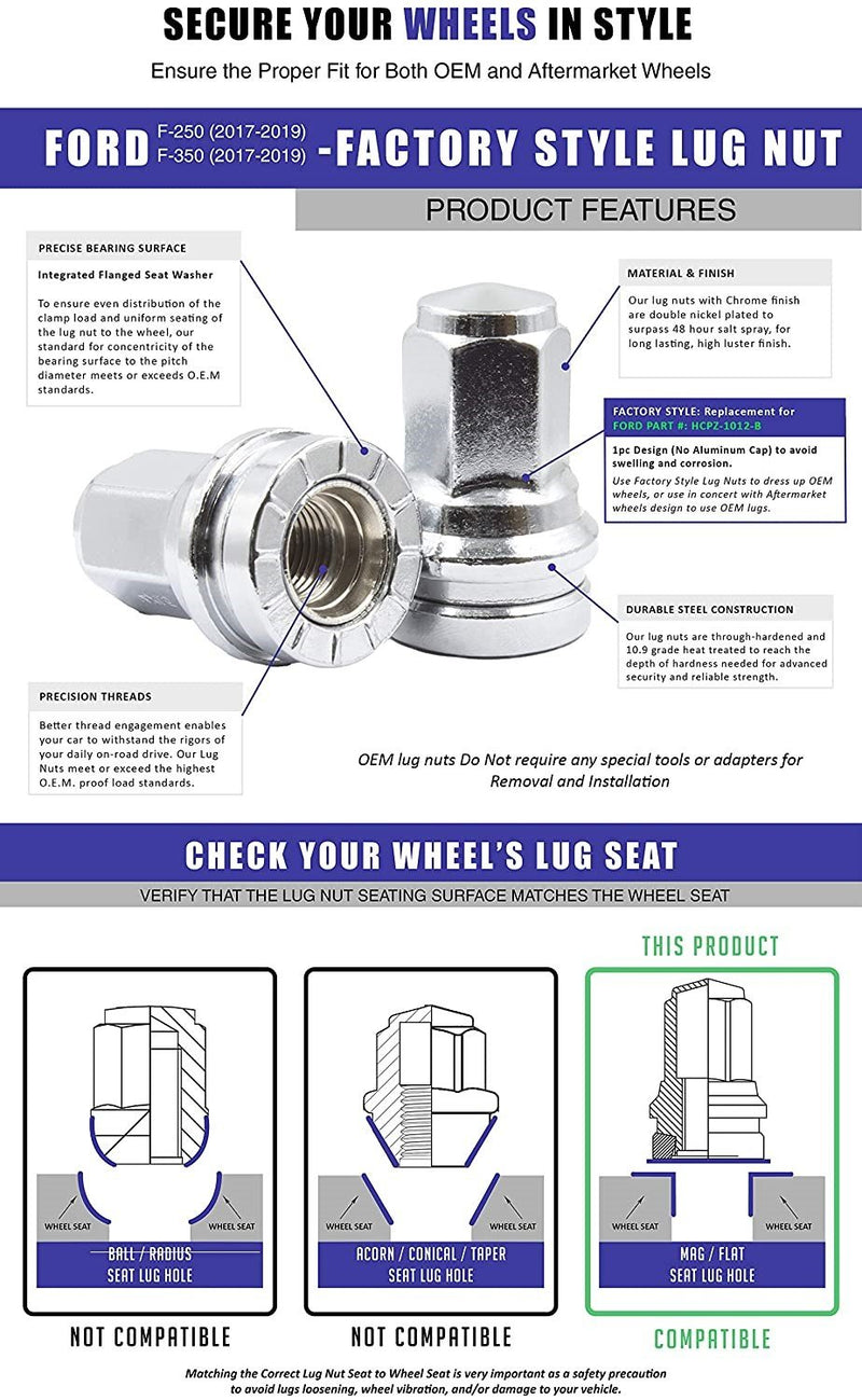 32 Lug Nuts fits 2017-2025 Ford F250 F350 Super Duty Replaces HCPZ-1012-B