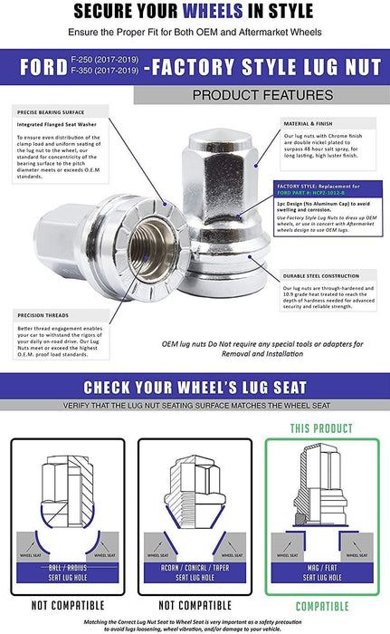 32 Lug Nuts fits 2017-2024 Ford F250 F350 Super Duty Replaces HCPZ-1012-B