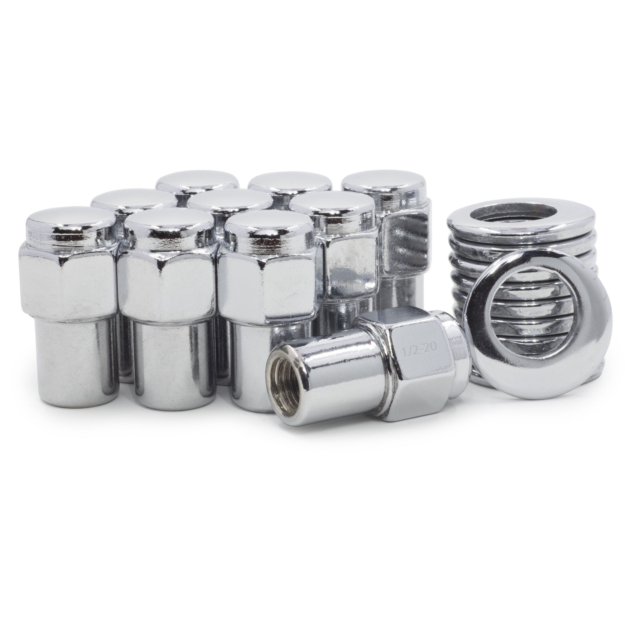 CWA 10-Pack 1/2-20 Open End Chrome SST Mag Lug Nuts – 13/16" Hex, 1.3 Shank, Cragar Style