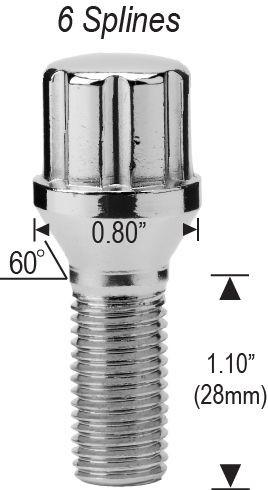 Lug Bolts 14x1.25 Chrome Conical Spline Stud Bolt 28mm Shank