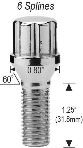 Lug Bolts 14x1.5 Chrome Conical Spline Stud Bolt 32mm Shank