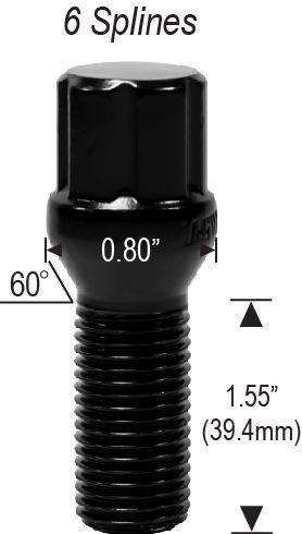 Lug Bolts 12x1.5 Black Conical Spline Stud Bolt 40mm Shank