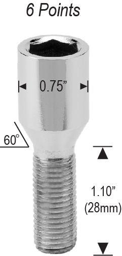 Lug Bolts 12x1.25 Chrome Conical Tuner Stud Bolt 28mm Shank