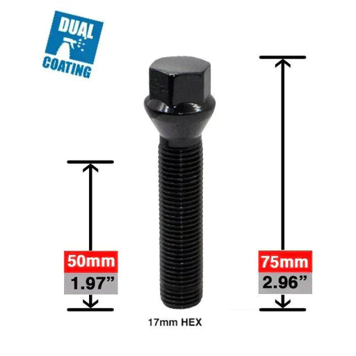 thumbnail image 2 of 10-Pack Black M14x1.5 Cone Seat Lug Bolts – 28mm Shank – Fits Audi & More 2 of 3