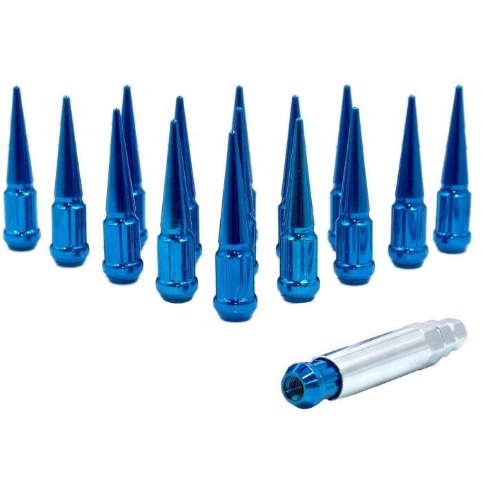 Spline Drive Spike Bulge Acorn Lug Nut Blue 1/2-20 3.3" Long