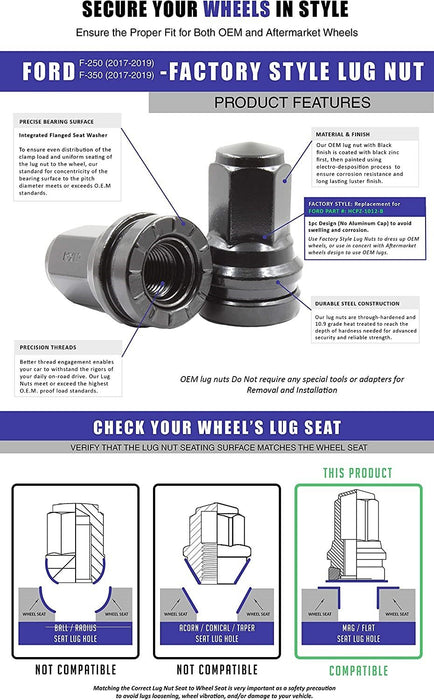 32 Black Lug Nuts fits 2017-2024 Ford F250 F350 Super Duty Replaces HCPZ-1012-B