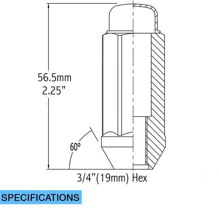 Bulge Acorn Lug Nut 14x1.5 Chrome 3/4" Hex 2.25" Tall