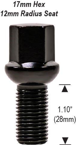 Lug Bolts 12x1.5 Black Radius Seat Stud Bolt 28mm Shank