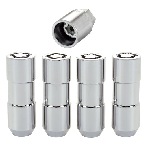 McGard 24109 No Rust Locking Lug Nuts set featuring four chrome locking lug nuts and matching security key, close-up view highlighting the rust-resistant finish and precision anti-theft locking design for aftermarket wheels.