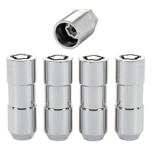 McGard No Rust Locking Lug Nuts set featuring four chrome locking lug nuts and matching security key, close-up view highlighting the rust-resistant finish and precision anti-theft locking design for aftermarket wheels.