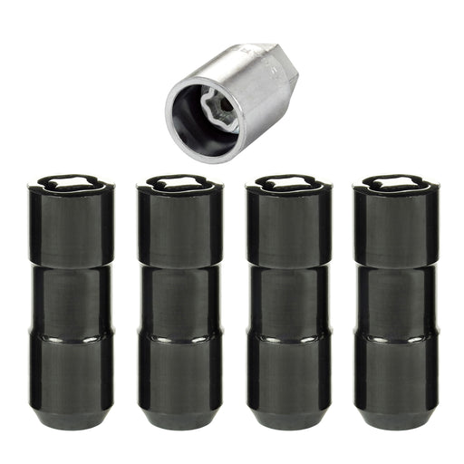 McGard 24144 No Rust Locking Lug Nuts set featuring four black locking lug nuts and matching security key, close-up view highlighting the rust-resistant finish and precision anti-theft locking design for aftermarket wheels.