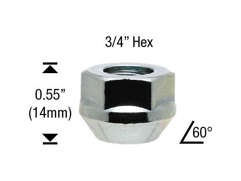 Open End Bulge Acorn Lug Nut 1/2-20 3/4" Hex Low Profile 0.55" Tall