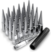 Set of 4.4" long chrome spike cone seat lug nuts and installation socket, 9/16-18 thread size