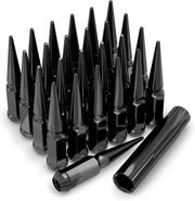 Set of 4.4" long black spike cone seat lug nuts and installation socket, 9/16-18 thread size