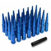 Set of 4.4" long blue spike cone seat lug nuts and installation socket, 141.5 thread size