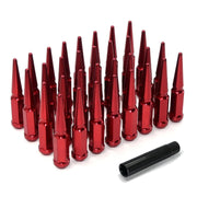 Set of 4.4" long red spike cone seat lug nuts and installation socket, 14x1.5 thread size