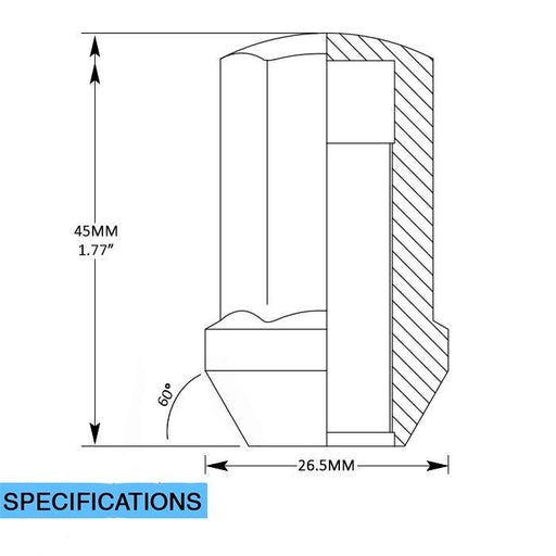 Lug nut dimensions, 1.77" tall by 26.5mm wide