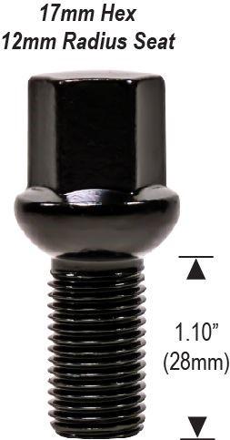 Lug Bolts 14x1.25 Black Radius Seat Stud Bolt 28mm Shank