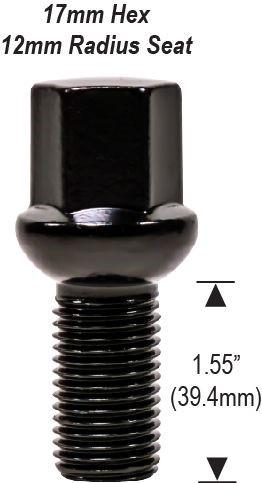 Lug Bolts 14x1.25 Black Radius Seat Stud Bolt 40mm Shank