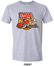 Gray t-shirt with the Lug Nut Guys famous slogan "Torque Yer Nuts!" shown with a cartoon design red 1970 GTO and a gruff looking mechanic on a white background