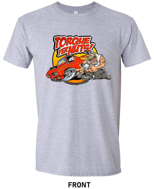 Gray t-shirt with the Lug Nut Guys famous slogan "Torque Yer Nuts!" shown with a cartoon design red 1970 GTO and a gruff looking mechanic on a white background