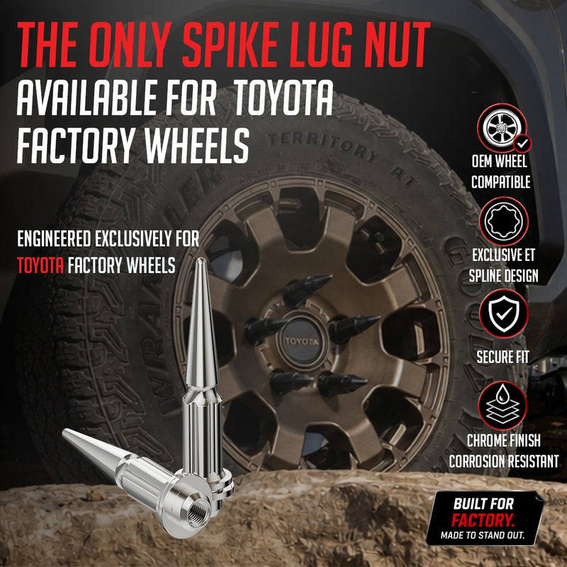 Spike Acorn Lug Nuts for Toyota Tundra OE Wheels - Chrome 4.4" Tall 14x1.5 Thread