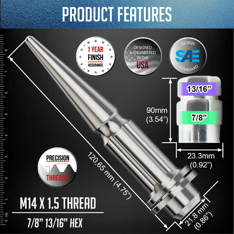 Spike Acorn Lug Nuts for Toyota Tundra OE Wheels - Chrome 4.4" Tall 14x1.5 Thread