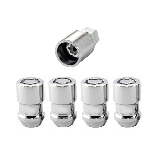 McGard 24137 No Rust Locking Lug Nuts set featuring four chrome locking lug nuts and matching security key, close-up view highlighting the rust-resistant finish and precision anti-theft locking design for aftermarket wheels.