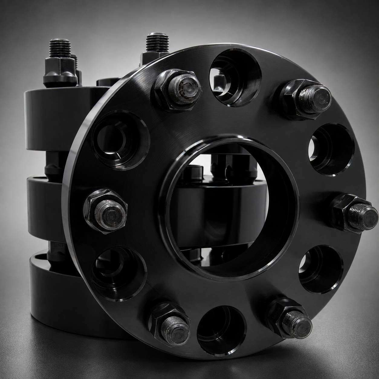 A close-up studio shot of four black wheel spacers, photographed on a dark gray gradient background.