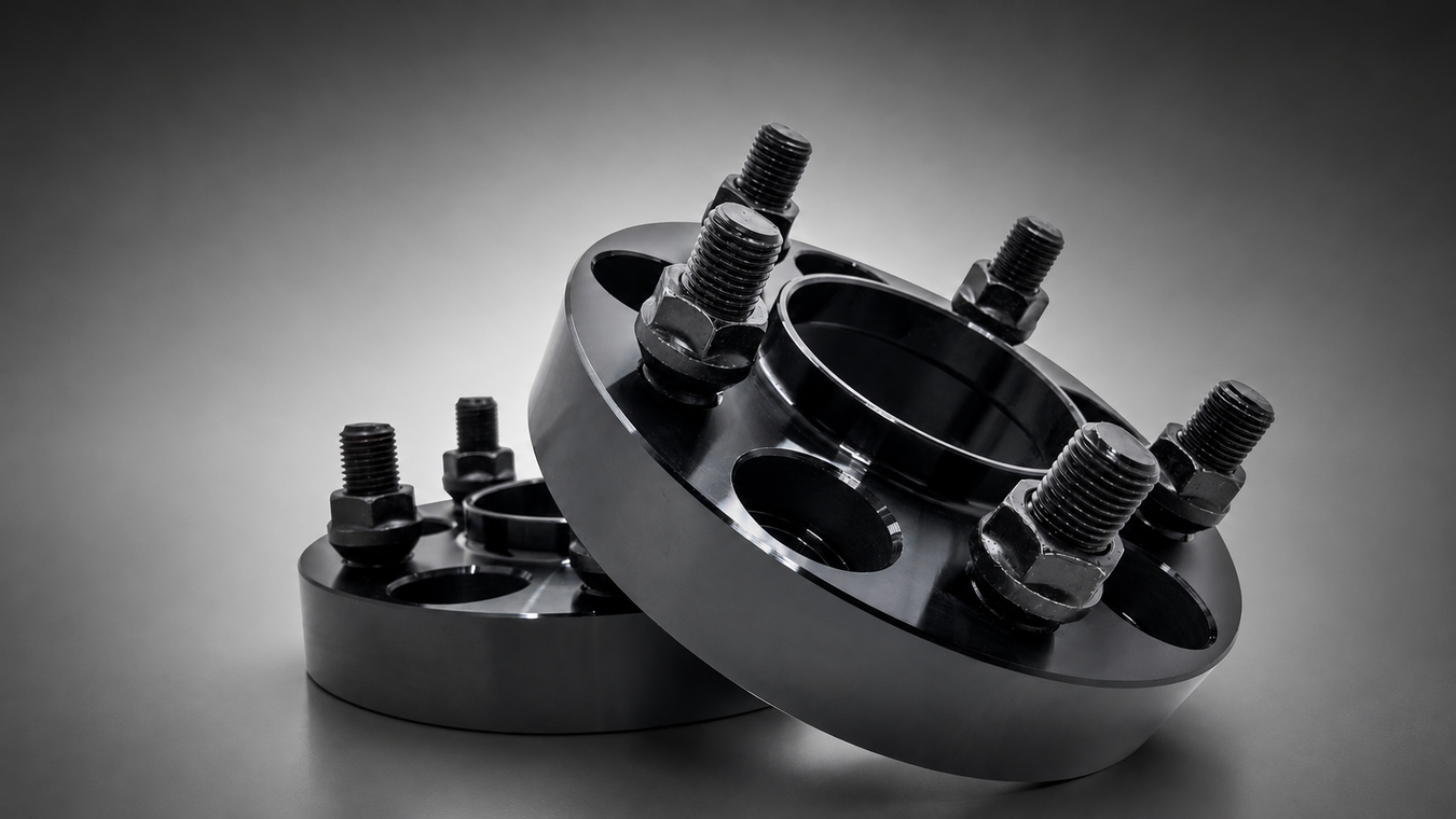Two black aluminum wheel hub spacers with threaded studs and lug nuts, photographed on a dark gray studio background.