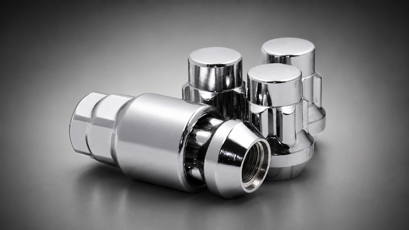 Four locking wheel lug nuts and alock key arranged on a dark gray gradient background.