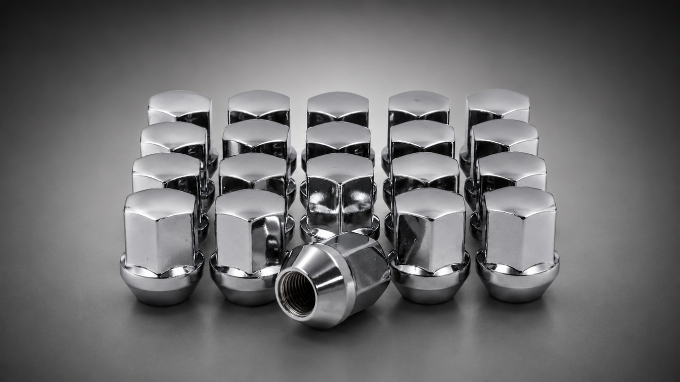 A set of shiny chrome metal lug nuts arranged in rows on a dark gray gradient background, with one nut lying in front.