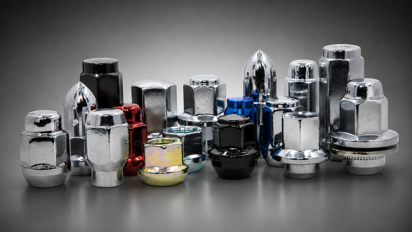 A collection of polished metal lug nuts in various shapes and finishes, including chrome, silver, black, red, blue, and yellow, arranged on a reflective gray surface against a dark gray gradient background.