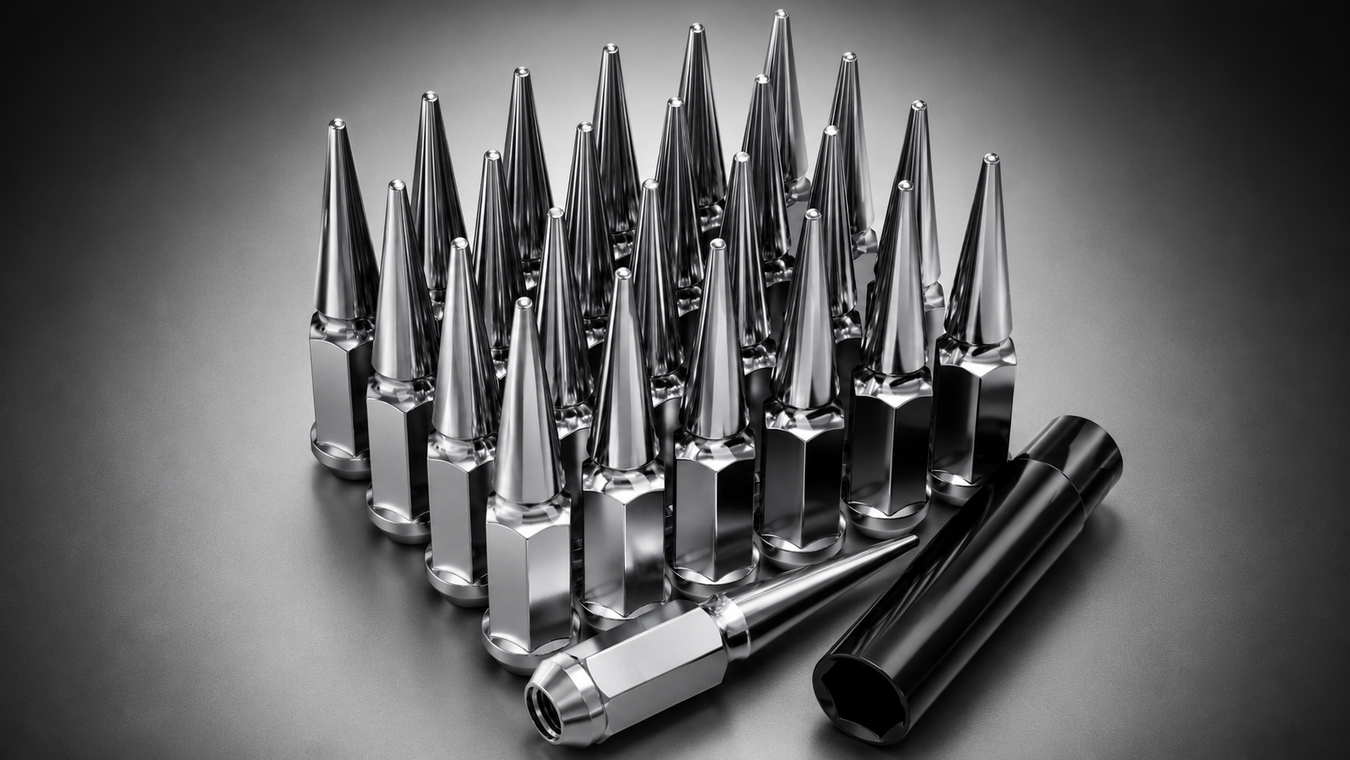 A set of spike lug nuts with a lug nut tool arranged in a cluster on a dark gray background