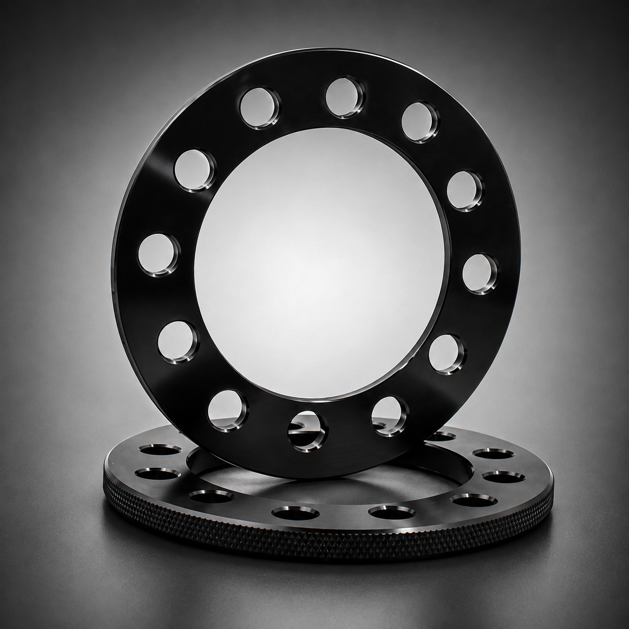 Two black wheel spacers with multiple bolt holes, one standing upright and one lying flat, photographed on a dark gray studio background.