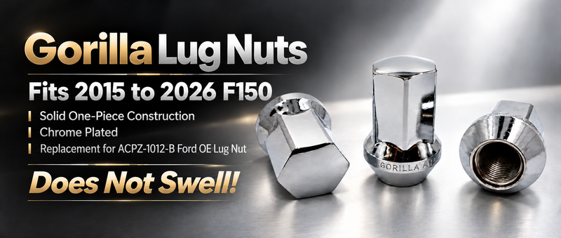 Three chrome-plated Gorilla Lug Nuts displayed on a reflective metallic surface with promotional text reading 'Gorilla Lug Nuts' and 'Does Not Swell!' for Ford F150 2015 to 2026 lug nuts.